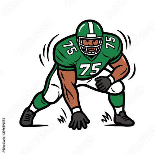 Photography Illustration of an American football player in a low ready stance wearing green uniform