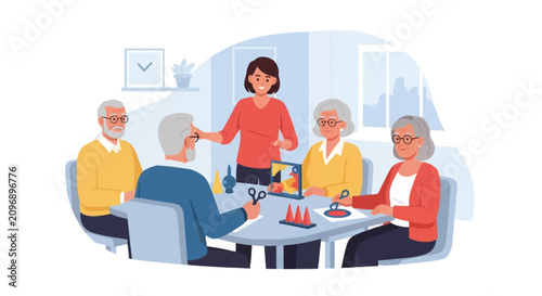 Vector illustration of senior citizens participating in occupational therapy session with female instructor, practicing cognitive exercises and motor skills with crafts at a table.