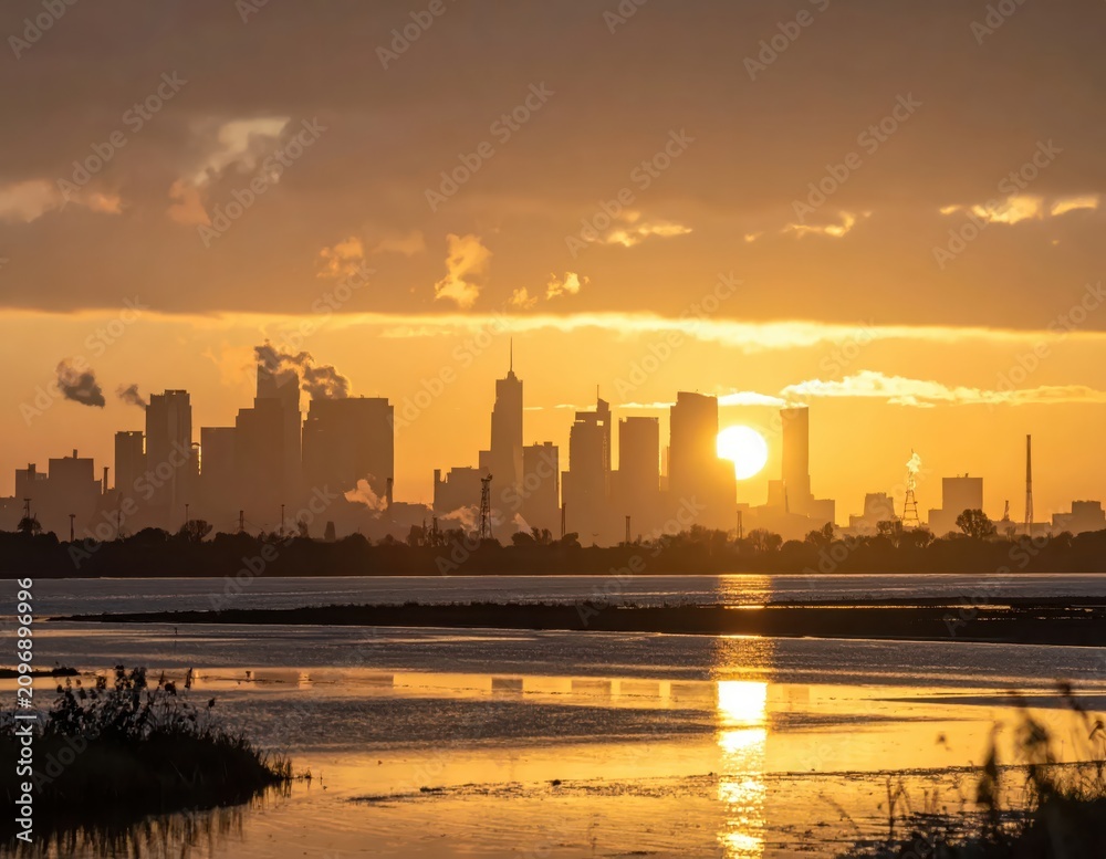 Naklejka premium Breathtaking Sunset Over City Skyline Reflected in Water with Silhouettes of Buildings