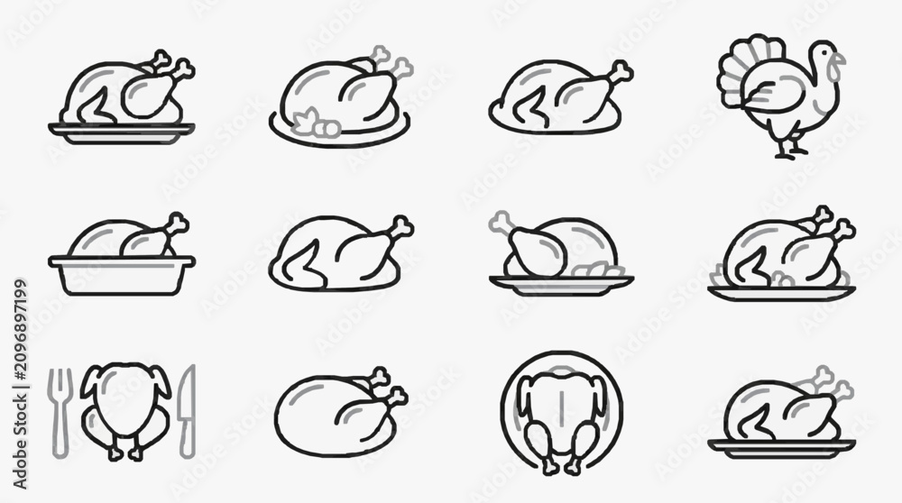 Obraz premium Clean Minimalist Black and White Line Drawing Icons of Roasted Turkeys in Various Cooking Scenes