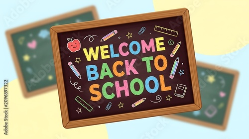 Welcome back to school chalkboard illustration with school icons and animated characters on a blurred background.
