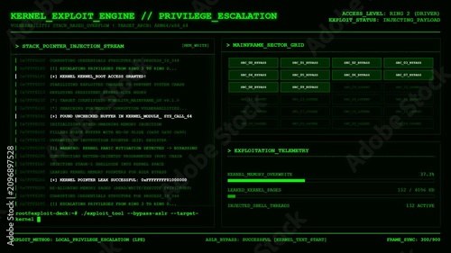 Green cyber security hacker terminal screen with kernel exploit engine and privilege escalation data.