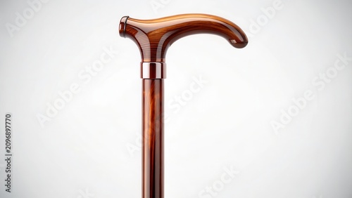 A sleek polished wooden cane stands majestically against a pristine white background its slender handle and intricately carved wooden shaft gleaming w