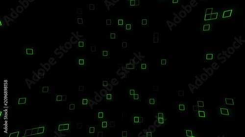 Abstract digital background with glowing green square outlines floating in dark space, representing data or a futuristic interface.