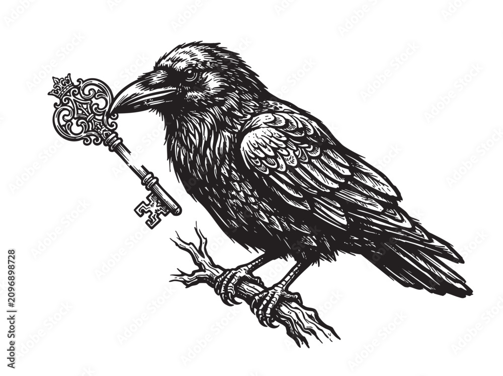 Fototapeta premium Vintage gothic raven with an antique key. Hand-drawn illustration of a bird on a branch. Ink drawing of a corvid with an old-fashioned ornate lock key. Etching style artwork.