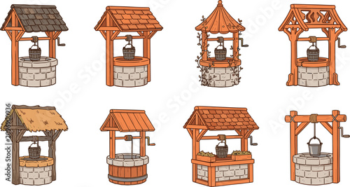 Bild auf Leinwand Old Wooden Water Well Vector Set with Stone Bases Shingle Roofs Hanging Buckets