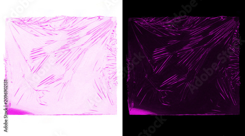Foto Pink plastic wrap texture set, wrinkled cellophane overlay on white and black ba