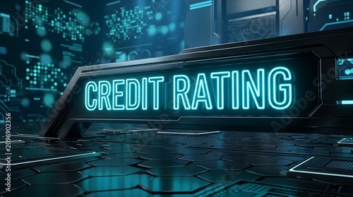 Neon sign reading Credit Rating on a futuristic console in a dark technological environment with blue lights and circuits