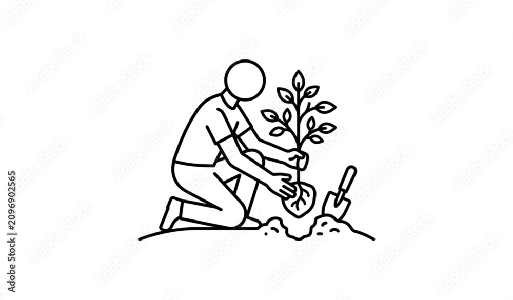 Fototapeta premium Minimal Person Planting Tree Outline Icon for Environmental Projects