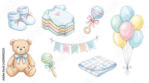 Watercolor Baby Shower Collection with Cute Teddy Bear Clothing Rattles and Pastel Balloons for Nursery Decorations and Newborn Celebration Designs