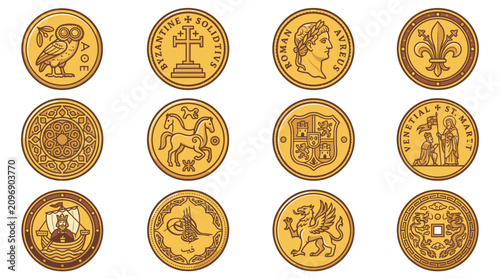Foto Ancient and antique gold coin collection icons.