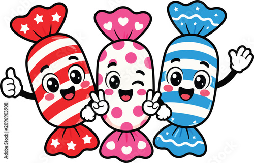 Cute Mint Candy Mascot Cartoon Flat Vector Illustration Three Kawaii Candy Characters for Stickers, Packaging and Merchandise