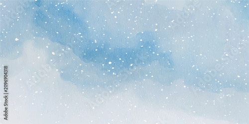 Abstract blue watercolor winter sky vector background with soft paint wash and white snowy speckles ideal for holiday designs and Christmas invitations