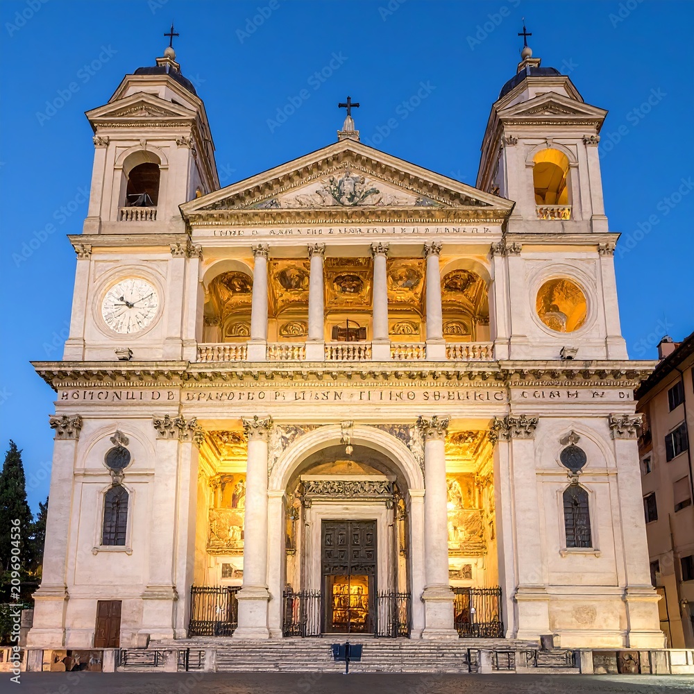 Obraz premium Illuminated facade of Trinita dei Monti church at dusk in Rome.