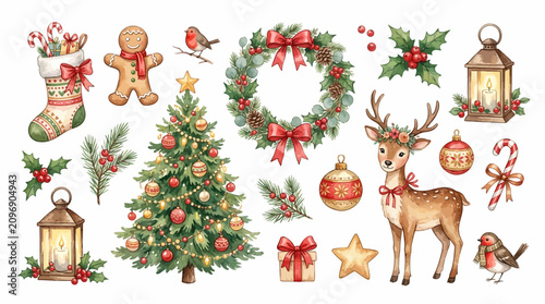Festive Watercolor Christmas Collection Featuring a Decorated Tree Reindeer Wreath and Seasonal Ornaments for Holiday Design Projects