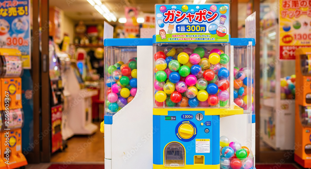 Obraz premium Front View of Capsule Machine Packed with Colorful Capsules, Japanese Gachapon Toy Vending Dispenser, Bright Fun Product Photography