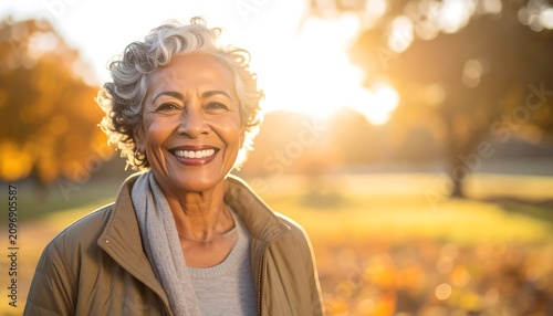 Elderly woman smiling in golden autumn sunlight.