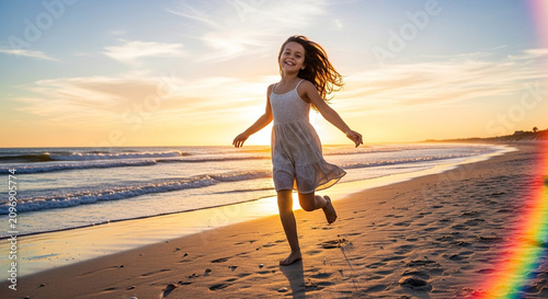 Happy girl running on beach. Joyful child playing at sunset by ocean.