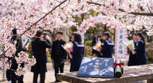Fully Bloomed Cherry Blossom Branches with Graduation Album, Blurred Uniformed Graduates in Background, Japanese Spring Graduation Ceremony Scene