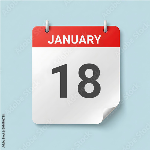 January 18th Red Header Calendar Page 3D Render Illustration
