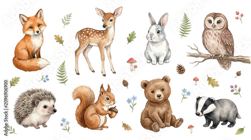Watercolor Forest Animal Collection Featuring Cute Woodland Creatures like Fox Deer Rabbit Owl and Bear for Nature Themed Designs