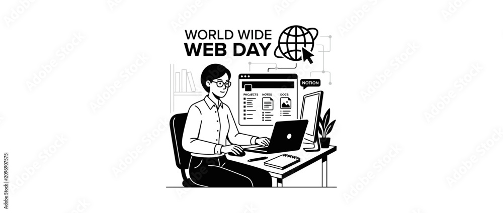 Obraz premium World Wide Web Day illustration: Person working on laptop, celebrating internet day.