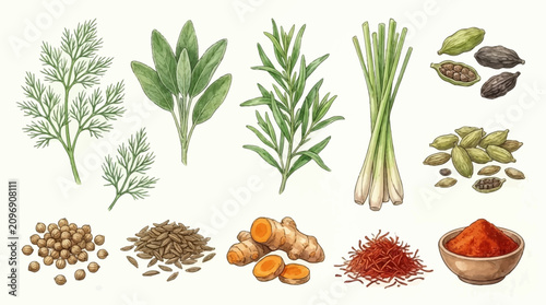 Fotografía A Collection of Fresh Culinary Herbs and Aromatic Spices for Healthy Cooking and