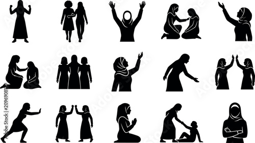 Foto Icons of muslim women in hijab performing daily activities community help and interactions