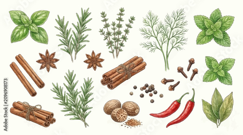 Canvastavla Hand Drawn Culinary Herb and Aromatic Spice Collection Set Featuring Fresh Green