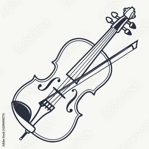 Canvastavla Elegant violin with bow and leaf ornaments vector illustration artistic musical instrument drawing with natural decor isolated on white background for creative design projects and branding materials