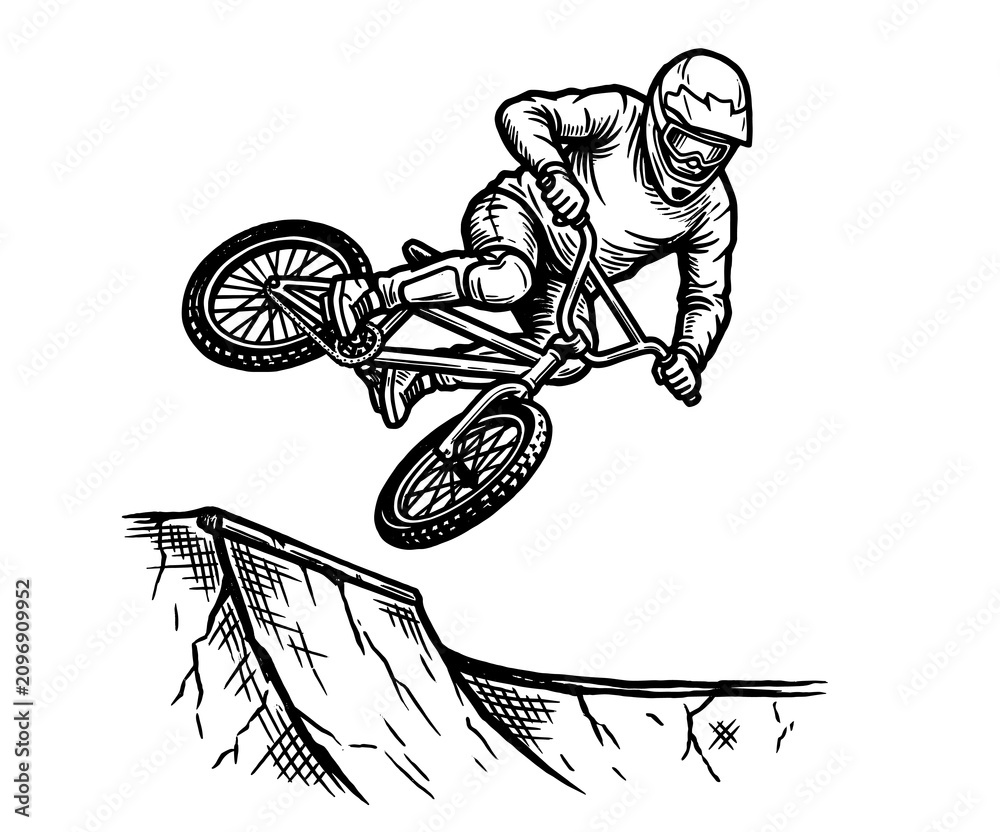 Obraz premium Bicycle rider performing airborne trick over ramp, hand drawn engraving illustration, extreme cycling sports illustration