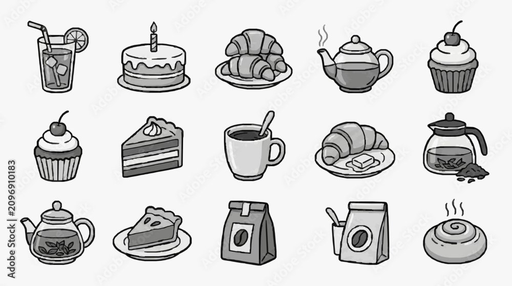 Fototapeta premium Corporate Flat Set of 15 Minimalist Monochrome Coffee and Dessert Items for Presentations Websites and Marketing Materials