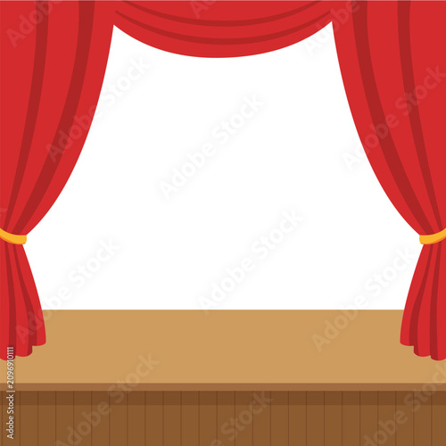 Red Theater Curtain Opening Scene Cartoon Illustration. Open Red Stage Curtain with Wooden Floor Background.