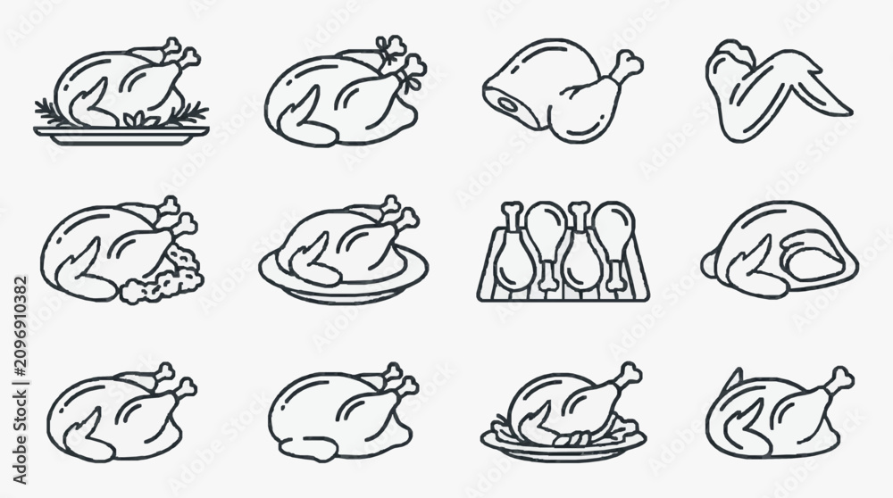 Obraz premium Corporate Collection of Black and White Line Art Illustrations of Roasted Turkeys in Various Styles and Settings