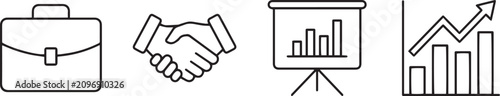 Business icons set with briefcase handshake graph and chart