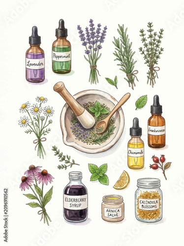 Принти на полотні Hand Drawn Illustration of Natural Herbal Remedies Essential Oils and Medicinal