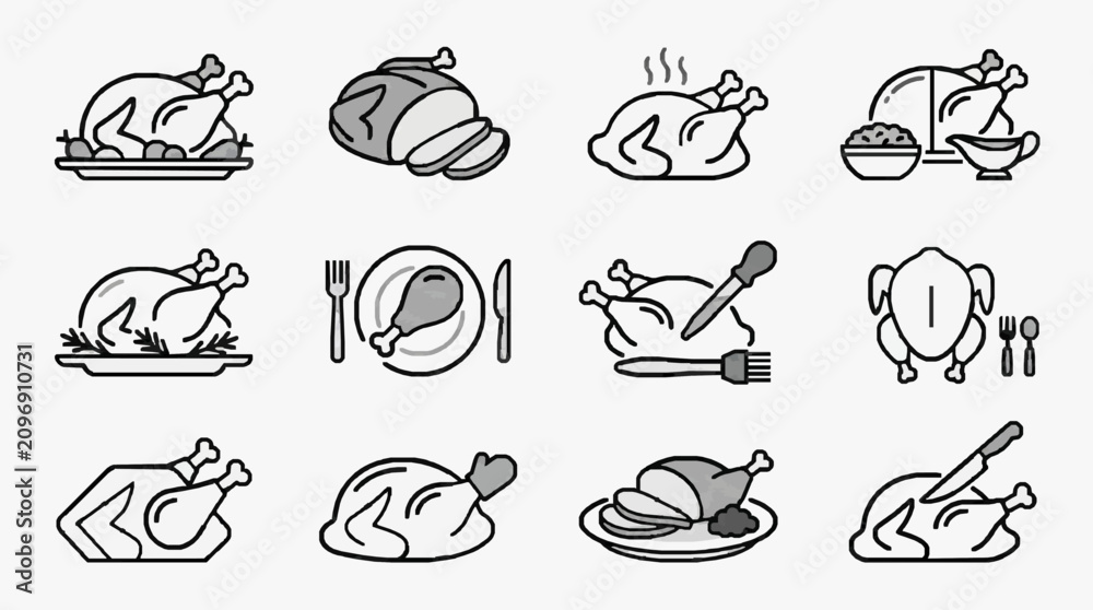 Obraz premium Corporate Collection of Minimalist Black and White Illustrated Chicken Dish Icons for Food Apps Websites and Presentations