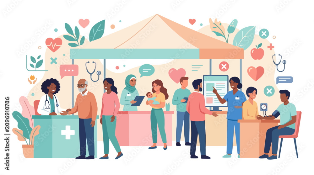 Obraz premium Community Health Fair: Diverse People Receive Medical Care and Information