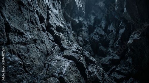 Dark rugged rocky cliff face with dramatic lighting and shadows