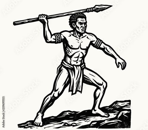 Принти на полотні Tribal warrior holding spear in battle stance, vintage engraved illustration, cu