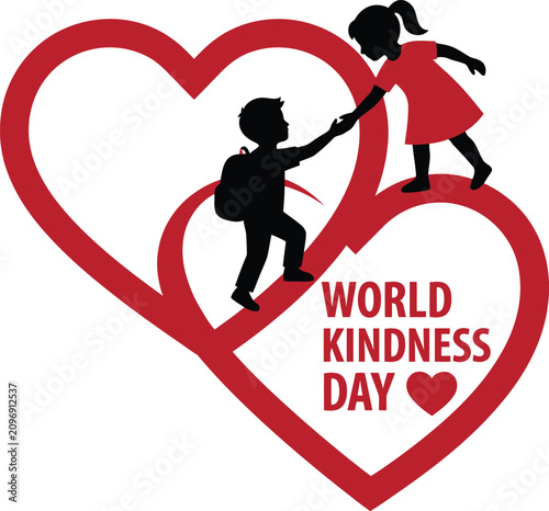 Foto World Kindness Day Sweet Red Heart Outline enclosing Silhouettes of Boy and Girl