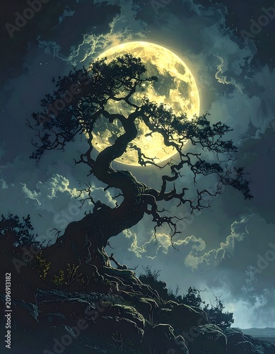 A dark, mystical tree silhouette against a glowing moonlit sky