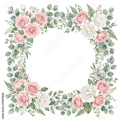 Elegant floral heart frame with roses and peonies. Watercolor botanical wreath for wedding invitations and romantic decor.