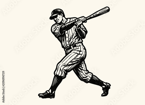 Canvas Print Baseball batter completing powerful swing in uniform, retro engraving illustrati
