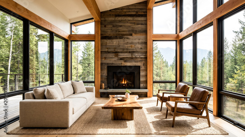 Cozy Living Room with Stone Fireplace and Forest View