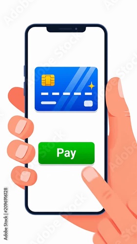 Hand holding smartphone with credit card payment interface.