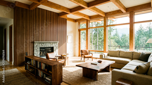 Cozy Living Room with Stone Fireplace and Forest View
