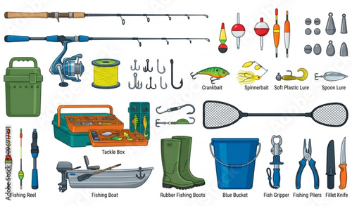 Foto Fishing equipment collection with rods hooks bait and boat vector illustration i