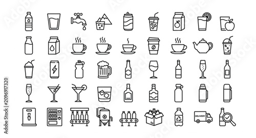 Beverage Production and Consumption Black Outline Icon Set with Water Coffee Juice Alcohol and Soft Drink Vector Collection