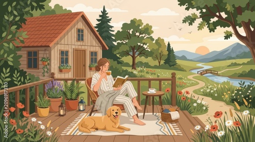 Tranquil woman reading book on porch overlooking scenic river and mountains in countryside